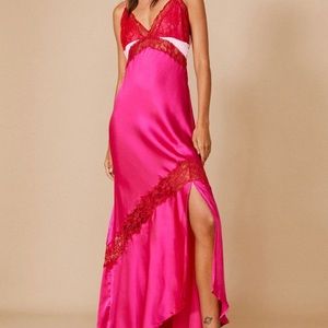 Nasty Gal Contrast Lace Trim Satin Maxi Dress Pink size 4